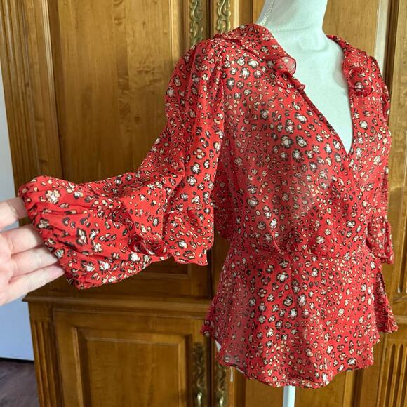 Zara RED animal print WRAP blouse V neck tie close sheer ruffle size M medium - Picture 14 of 15